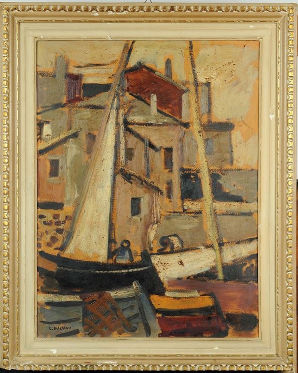 Luigi Bassano (1900-1989) Veduta di case e imbarcazioni