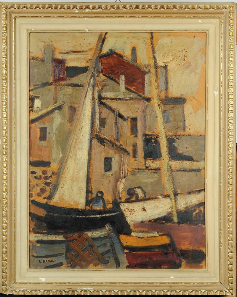 Luigi Bassano (1900-1989) Veduta di case e imbarcazioni  - Asta Dipinti del XIX e XX secolo - Cambi Casa d'Aste