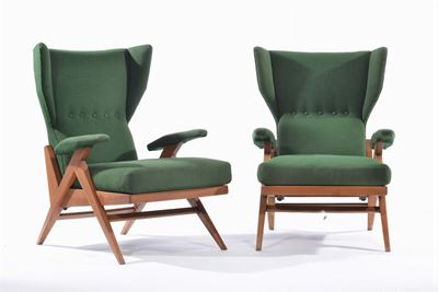 Coppia Poltrone con Struttura in Legno e Tessuto Verde