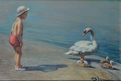 Berto Ferrari (1887-1965)bambino e Cigno