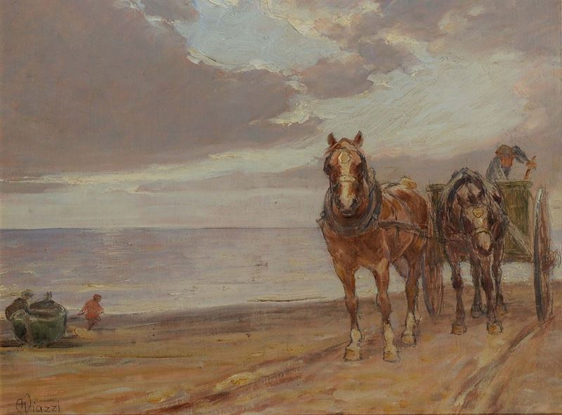 Alessandro Viazzi (1872-1956) Cavalli e carro sulla spiaggia  - Asta Dipinti del XIX e XX secolo - Cambi Casa d'Aste