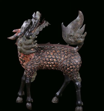 Grande Cane di Pho in Bronzo, con Tracce di Policromia, Cina, Dinastia Ming, XVI-XVII Secolo