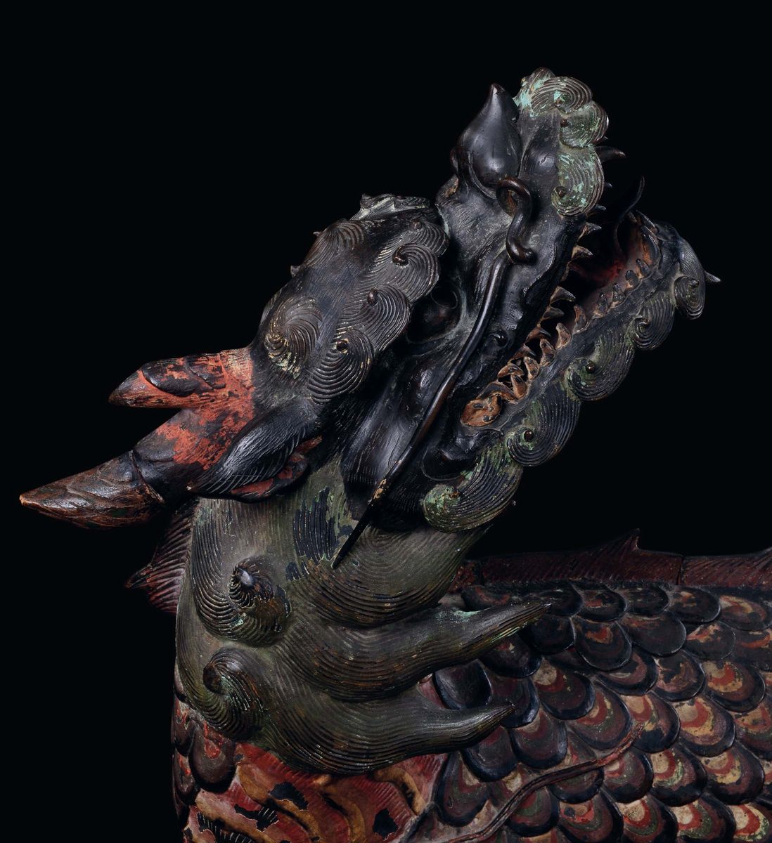 Grande Cane di Pho in Bronzo, con Tracce di Policromia, Cina, Dinastia Ming, XVI-XVII Secolo