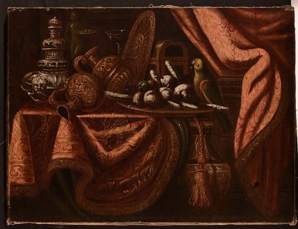 Antonio Gianlisi il giovane (1677-1727) Natura morta con pappagallo, frutta, anfore e bruciaprofumo