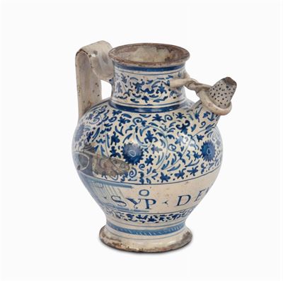 Versatoio in Maiolica Decorato in Monocromia Turchina con Racemi Floreali Stilizzati, Faenza XVI ...