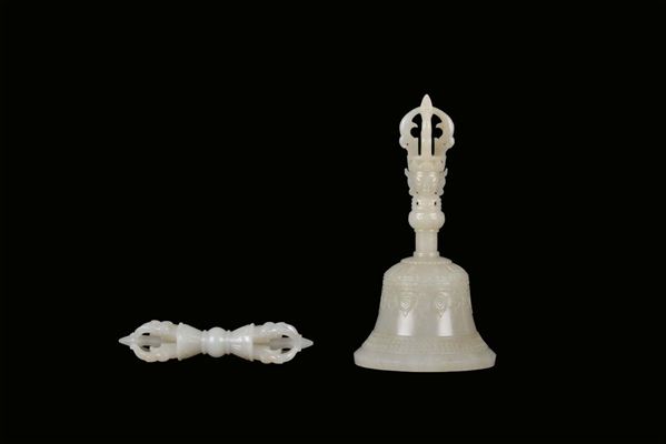 Extraordinary and rare white jade bell or guanta with dorje or vajra of imperial manufacture, both with  [..]