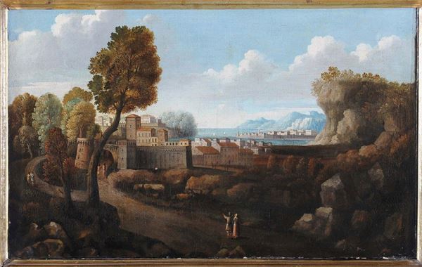 Scuola Fiamminga del XVIII secolo Veduta di città con porto