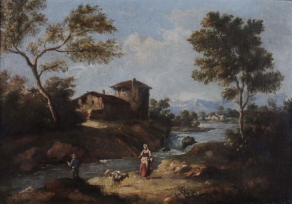 Giuseppe Zais (Forno di Canale 1709 - Treviso 1784), nei modi di Paesaggio rurale con contadina