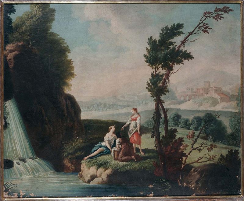 Scuola Veneta del XVIII secolo Paesaggio con figure al fiume  - Asta Dipinti Antichi - Cambi Casa d'Aste