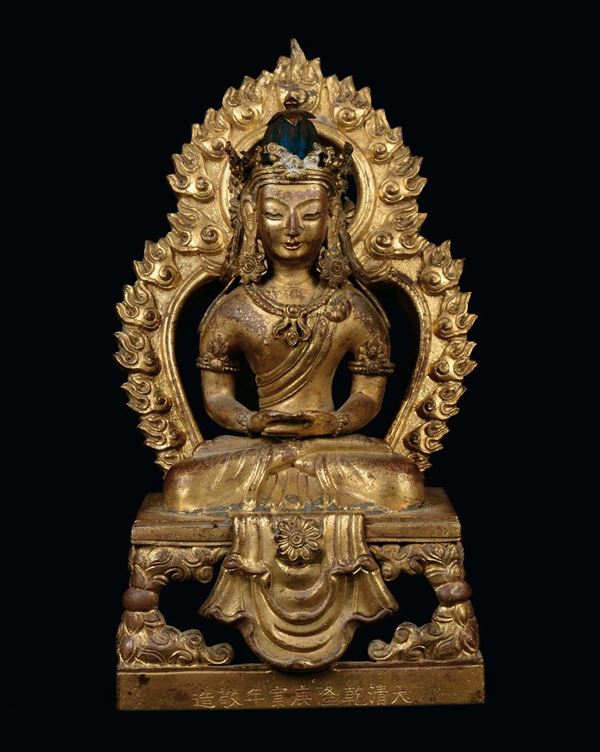 Gilt bronze Amitayus with inscription, China, Qing Dynasty, Qianlong Period (1736-1795), on the base mark of the Qianlong period, h cm 21