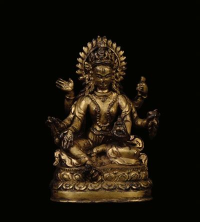 Manjushri in Bronzo Dorato, Cina, Dinastia Qing, XVII Secolo