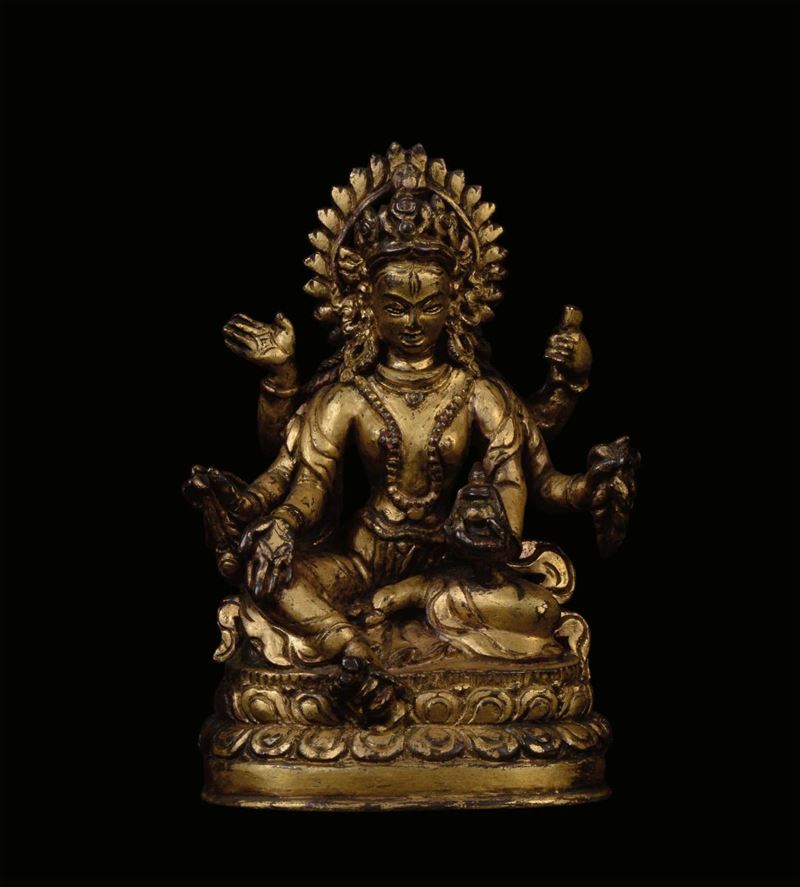 Gilt bronze Manjushri, China, Qing Dynasty, 17th century, h cm 10  - Auction Fine Chinese Works of Art - Cambi Casa d'Aste
