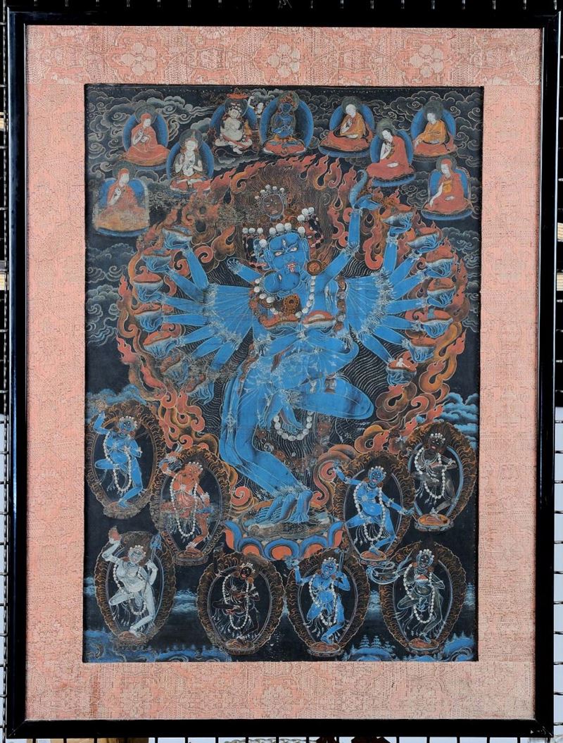 Thangka on black background representing Yi-Dam Hevajra in Yab Yum with his Sakti, Tibet, 19th  century cm 74,5x51 Provenance: Sotheby’s  Auction, April 20th, 1990 Lot 33  - Auction Fine Chinese Works of Art - Cambi Casa d'Aste