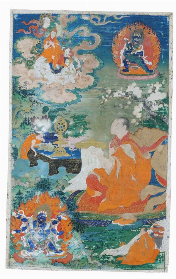 Thangka, Tibet, 18th century, representing a monk with divinity, cm 70x43