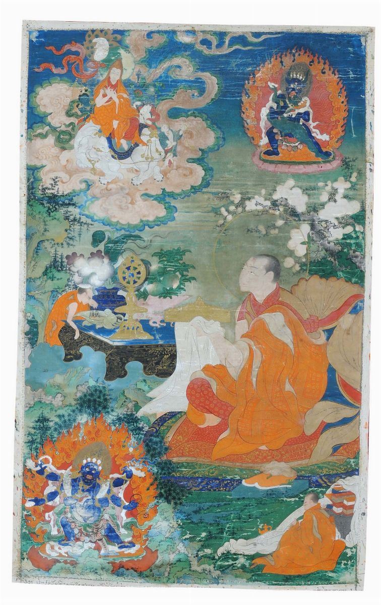 Thangka, Tibet, 18th century, representing a monk with divinity, cm 70x43  - Auction Fine Chinese Works of Art - Cambi Casa d'Aste