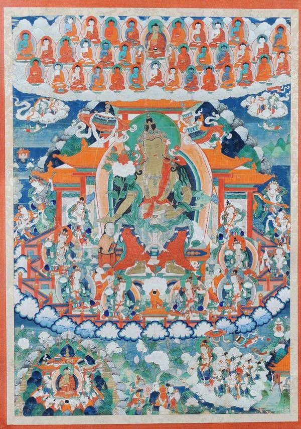 Thangka represeting the Bodhisattva Maitreya, Tibet, 18th century cm 88x61 Provenance: Sotheby’s Auction, London, March 1986 Lot 181