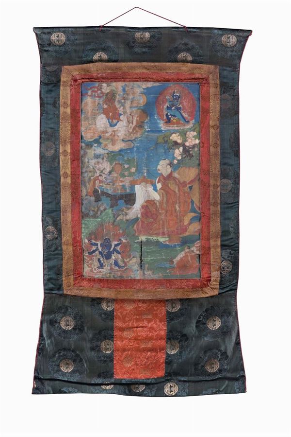Silk Thangka, Tibet, 18th century Representing a monk with divinity
