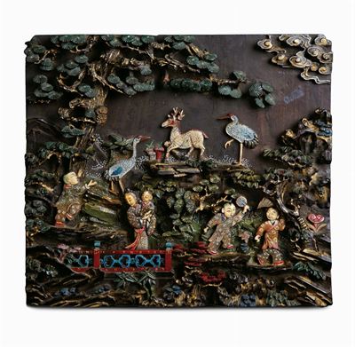 Pannello in Legno di Zitan Scolpito e Intagliato Raffigurante Scena di Vita Quotidiana, Cina, Din...