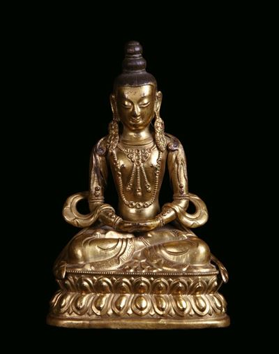 Amitayus Seduta su Fiore di Loto in Bronzo Dorato, Tibet XVII Secolo