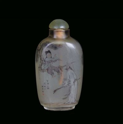 Snuff Bottle in Vetro Decorato con Personaggi e Descrizioni, Cina, Periodo Repubblica, XX Secolo