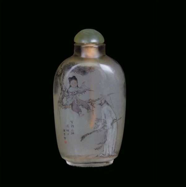 Snuff bottle in vetro decorato con personaggi e descrizioni, Cina, Periodo Repubblica, XX secolo
