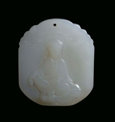 Placca in Giada Bianca Raffigurante Divinità Orientale, Cina, Dinastia Qing, XIX Secolo