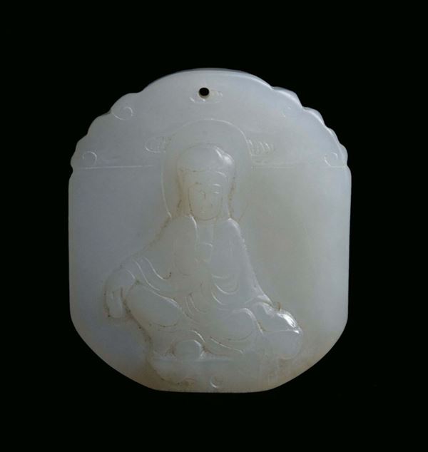 White jade plate representing an oriental divinity, China, Qing Dynasty, 19th century cm 5x4,5