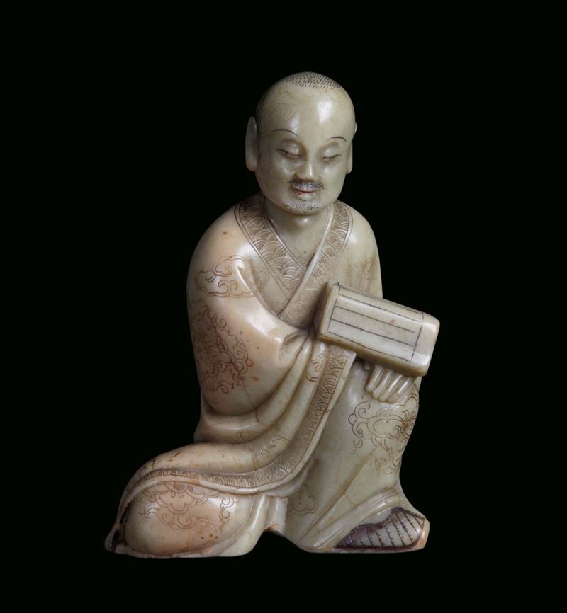 Soapstone oriental wise man, China, Qing Dynasty, Qianlong Period (1736-1795), h cm 11  - Auction Fine Chinese Works of Art - Cambi Casa d'Aste