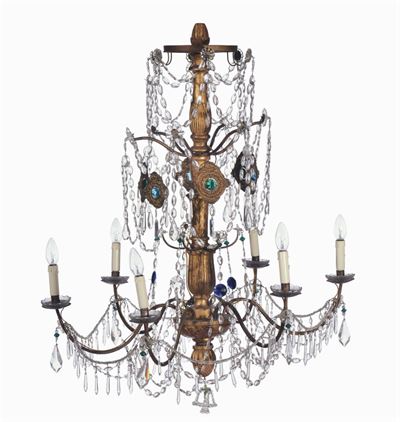 Lampadario Neoclassico a Sei Luci in Legno Intagliato e Dorato
