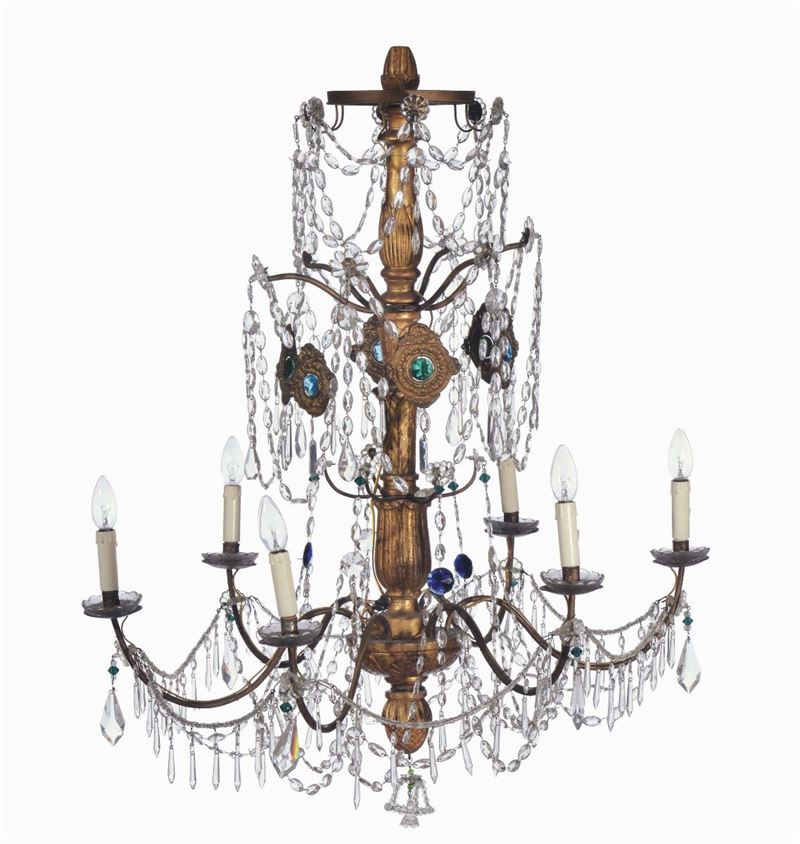 Lampadario neoclassico a sei luci in legno intagliato e dorato  - Asta La Dimora di un Conoscitore Bolognese - Cambi Casa d'Aste
