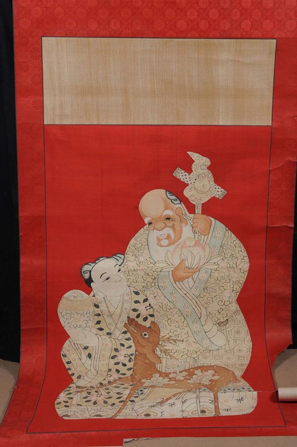 Scroll in seta rossa decorato con figure orientali, Cina XX secolo