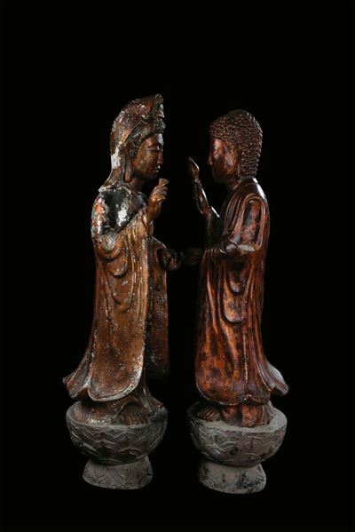 Due Buddha in Metallo Laccato a Finto Bronzo, Thailandia XIX Secolo