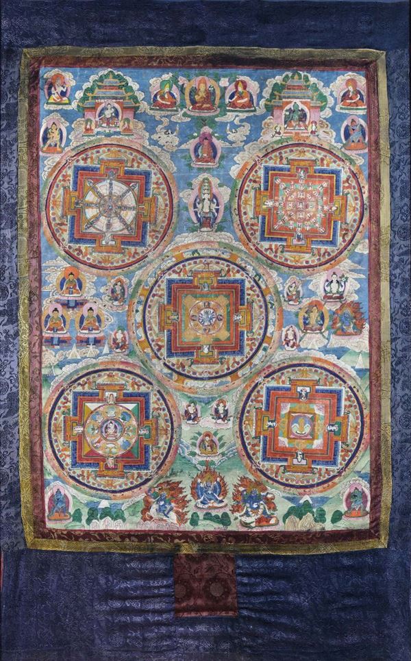 Thangka con cinque medaglioni, Tibet, XVIII secolo