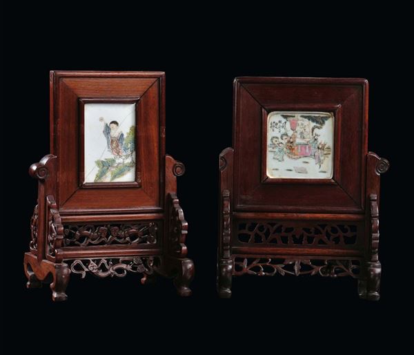 Two screening in miniature with porcelain insertions, China, Qing Dynasty, 19th century