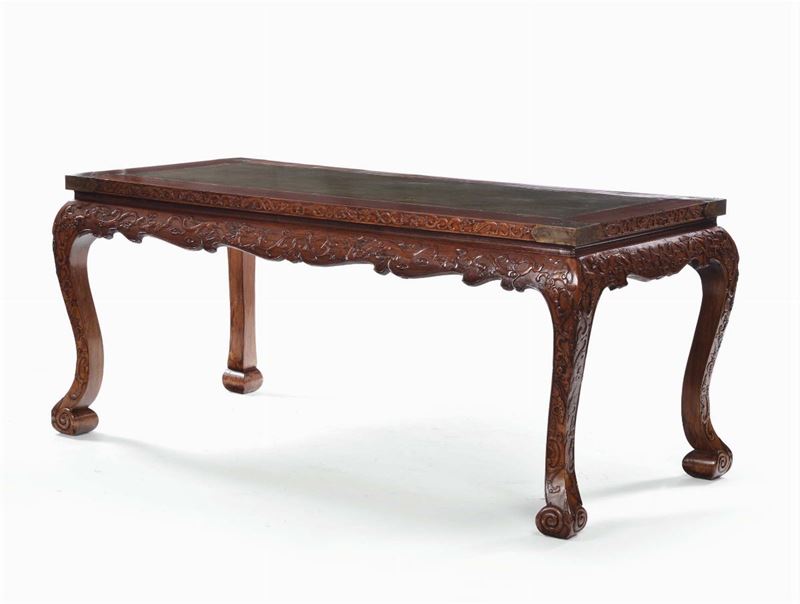 Large carved Huanguanli wood table with green stone top, China, 20th century cm 180x80x80  - Auction Fine Chinese Works of Art - Cambi Casa d'Aste
