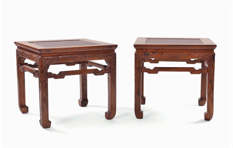 Pair of carved Huanguanli wood tables, China, 20th century cm 55x55x52  - Auction Fine Chinese Works of Art - Cambi Casa d'Aste
