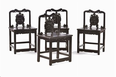 Quattro Sedie Intagliate in Legno di Homu, Cina, Dinastia Qing, XIX Secolo