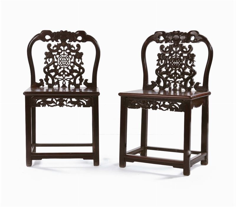 Two Homu wood carved chairs, China, Qing Dynasty, 19th century cm 53x43x52  - Auction Fine Chinese Works of Art - Cambi Casa d'Aste