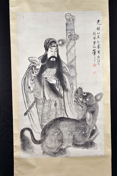 Dipinto Ad Inchiostro su Carta di Riso Raffigurante Saggio con Cane, Cina, XX Secolo