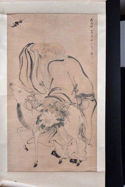Dipinto Ad Inchiostro su Carta di Riso Raffigurante Saggio con Cervo e Fiori, Cina, XIX Secolo