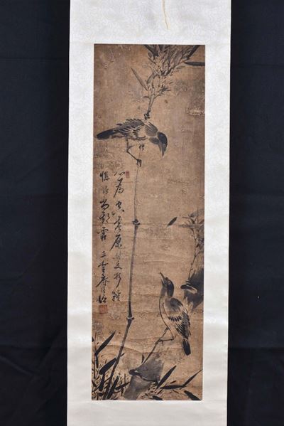 Dipinto Ad Inchiostro su Carta di Riso Raffigurante Uccelli e Canne di Bamboo, Cina, XIX Secolo