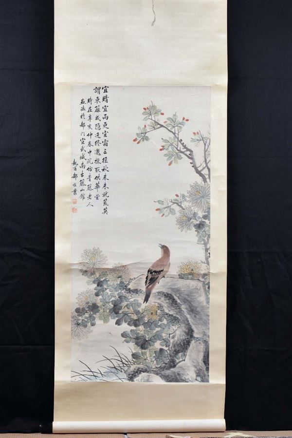 Ink and color painting on rice paper representing bird and cherry tree, China, 19th century cm 48x103, inscriptions and seals