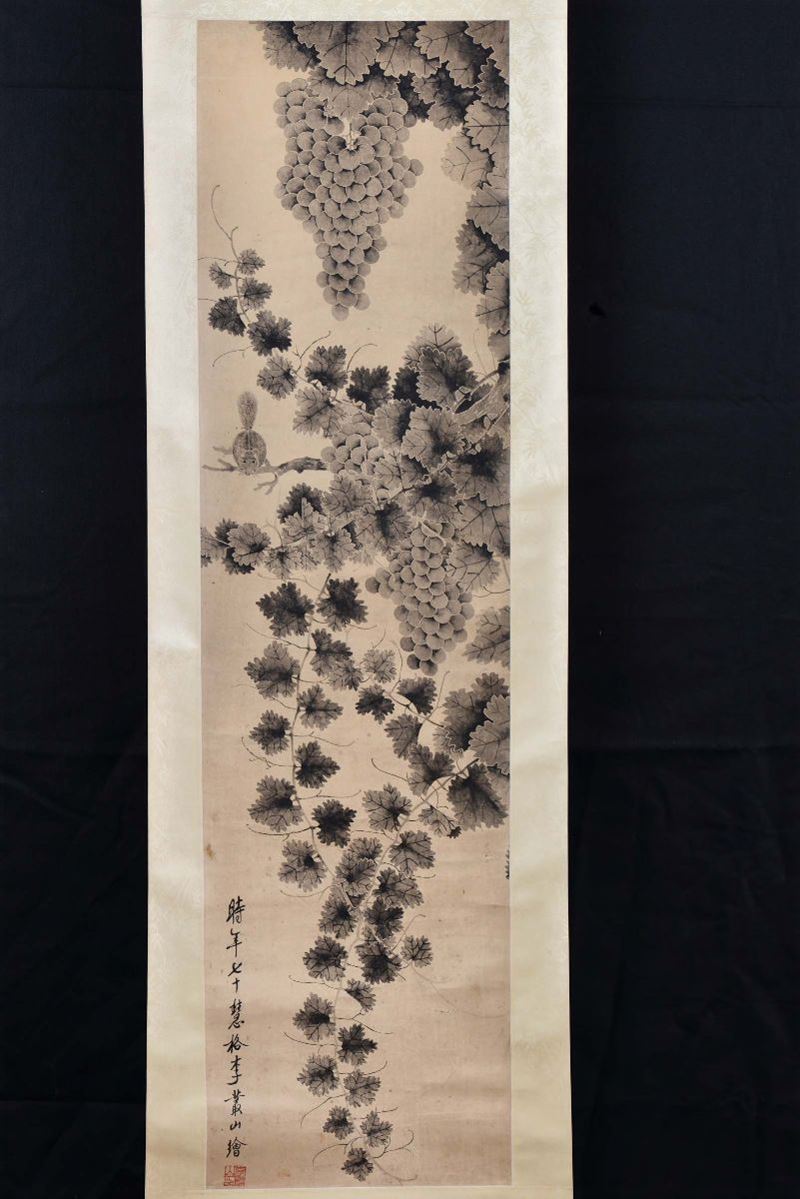Ink painting on rice paper representing grapevine, China, 19th century cm 29x109, inscriptions and seals  - Auction Fine Chinese Works of Art - Cambi Casa d'Aste