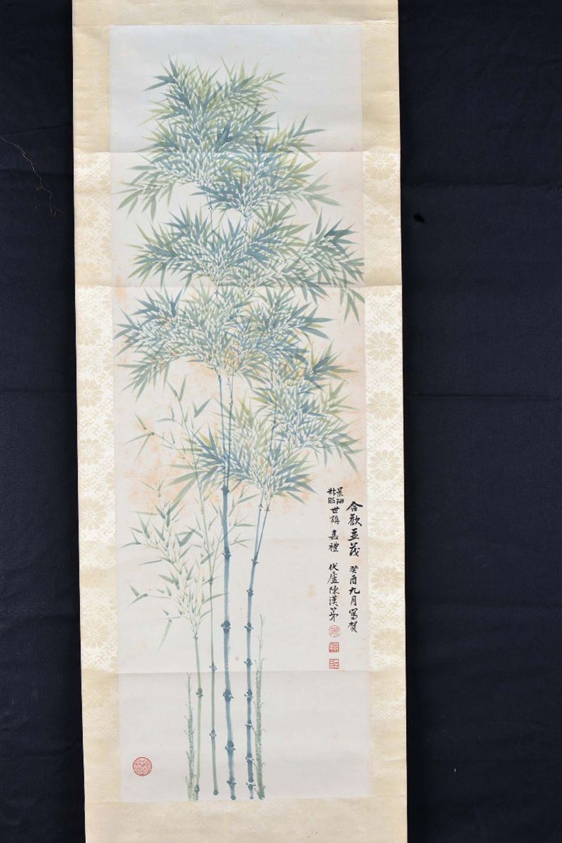 Ink and color painting on rice paper representing Bamboo, China, 20th century cm 33x102, inscriptions and seals  - Auction Fine Chinese Works of Art - Cambi Casa d'Aste