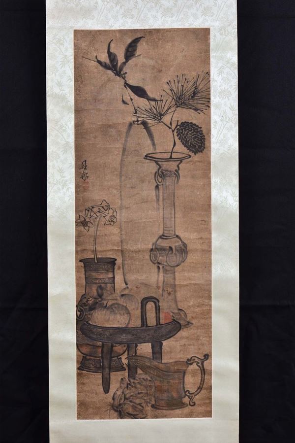 Ink painting on rice paper representing a vase with flowers, China, 19th century Stamp of the author, cm 28x81