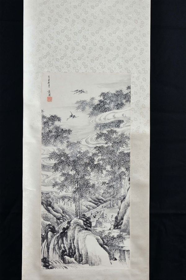 Ink painting on rice paper representing bamboo plants, country scene, China, 19th century cm 29x64, inscriptions and seals