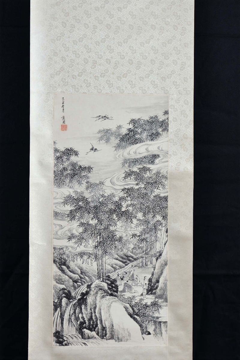 Ink painting on rice paper representing bamboo plants, country scene, China, 19th century cm 29x64, inscriptions and seals  - Auction Fine Chinese Works of Art - Cambi Casa d'Aste