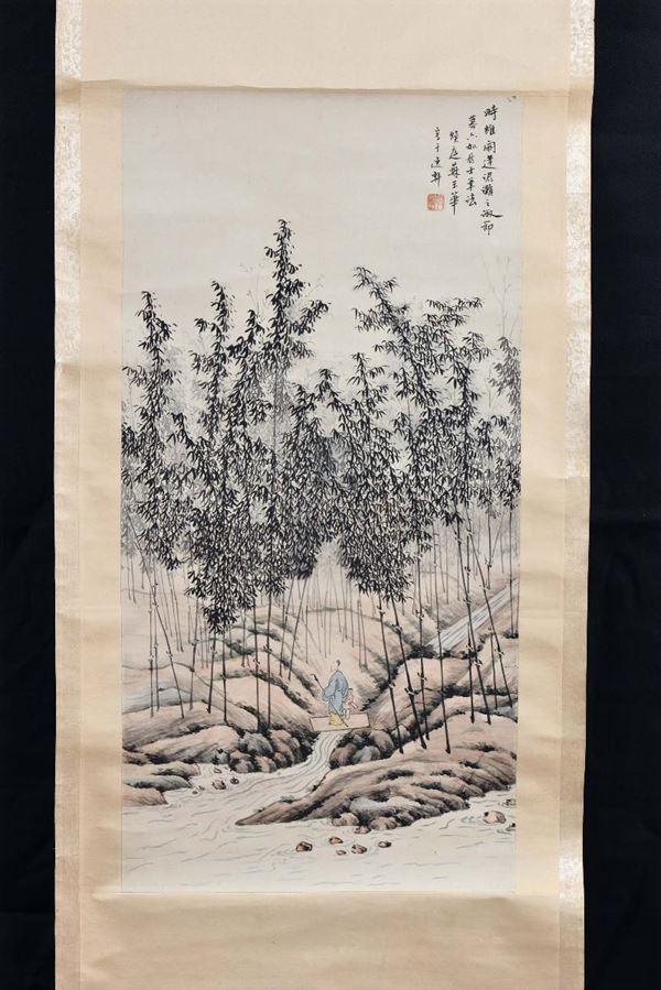 Ink painting on rice paper representing landscape, China, 20th century cm 34x67, inscriptions and seals