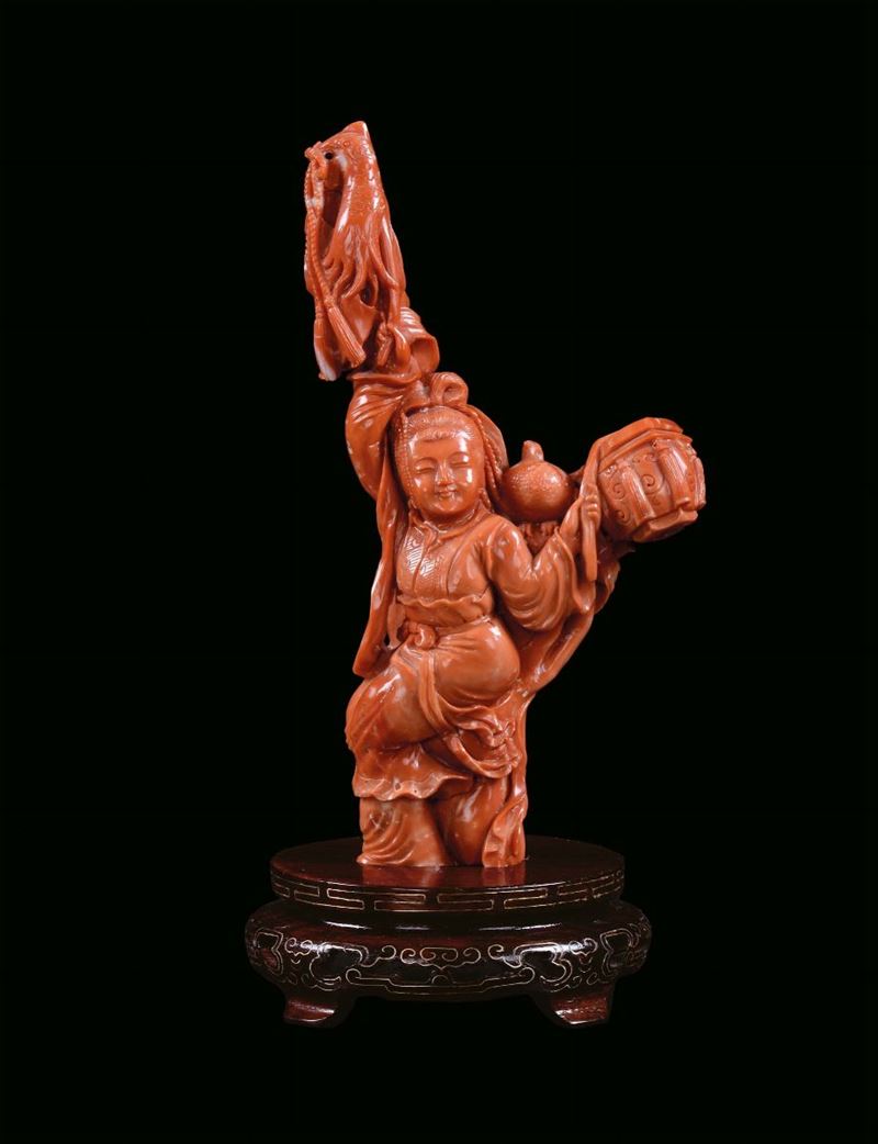 Small red coral youngster figure, China, Qing Dynasty, beginning 20th century cm 9x4x19, gr 380  - Auction Fine Chinese Works of Art - Cambi Casa d'Aste