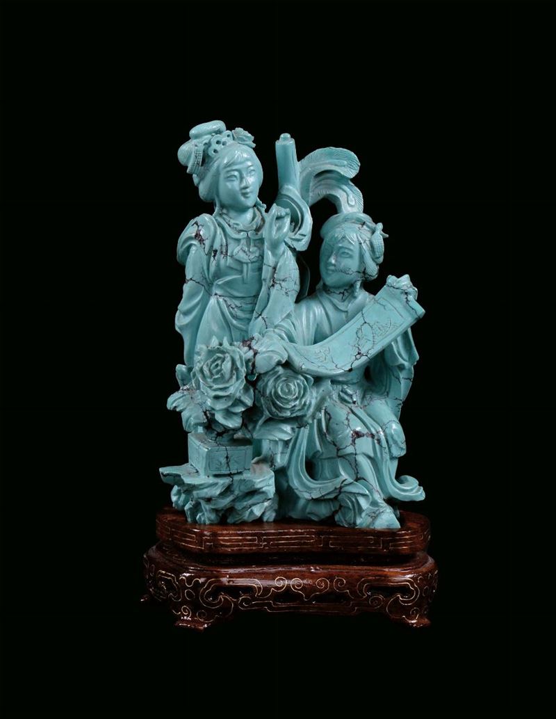 Gruppo con due figurine in turchese, Cina, XX secolo  - Asta Fine Chinese Works of Art - Cambi Casa d'Aste